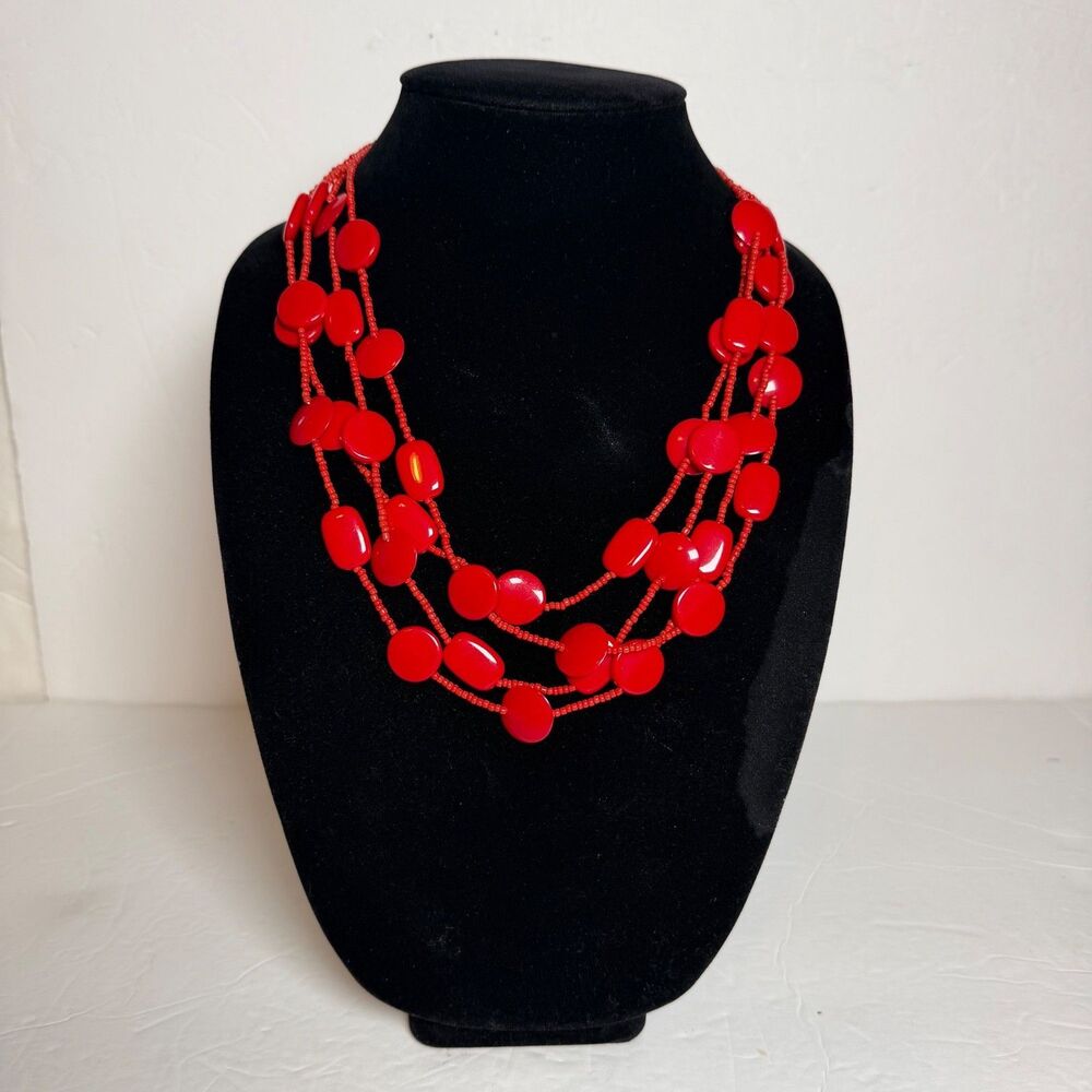M Haskell New With Tags Red Multi Strand Beaded Statement Necklace 24"